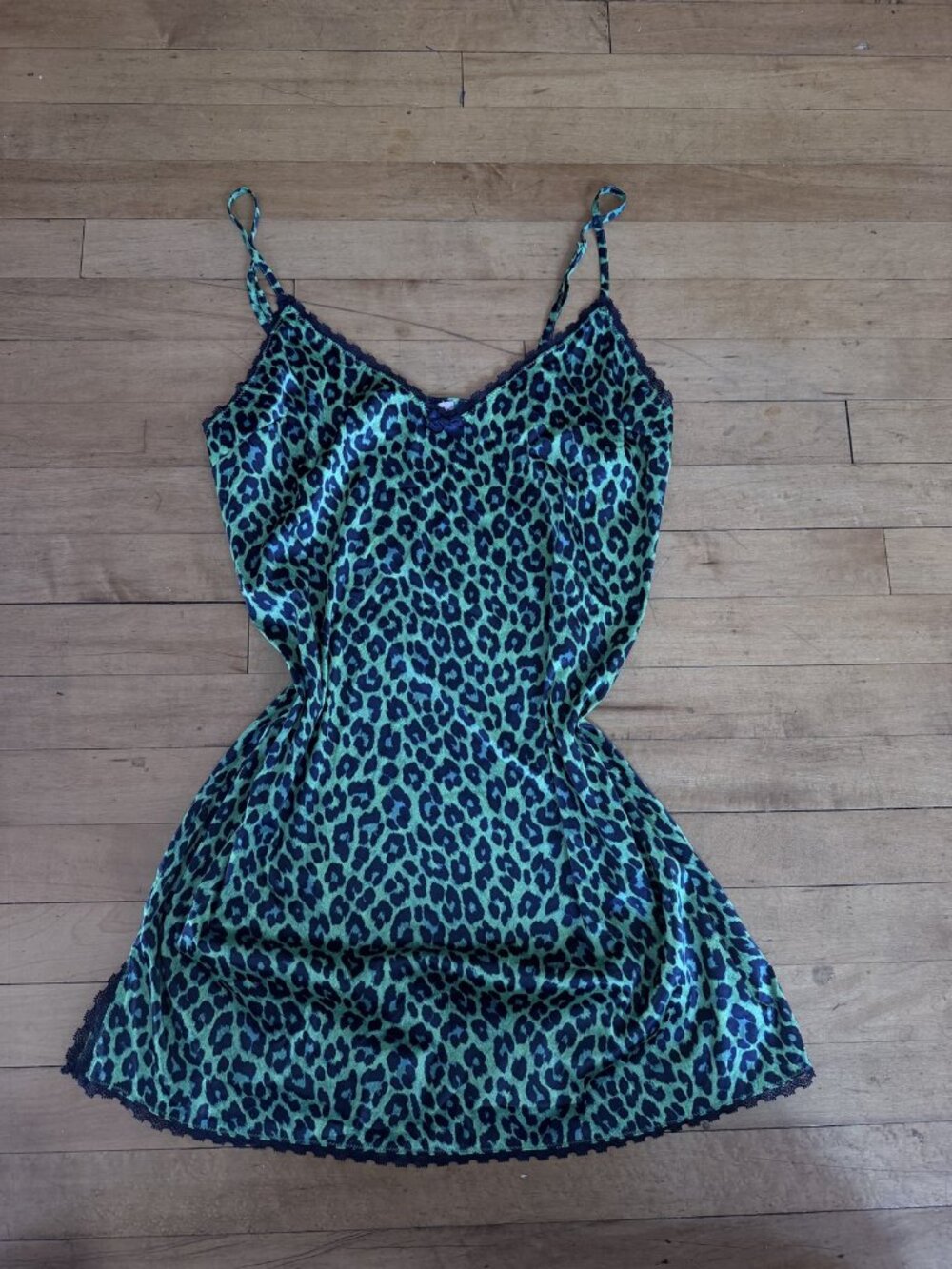 Savage X Fenty Green Leopard Satin Slip Dress Lace Trim Size L